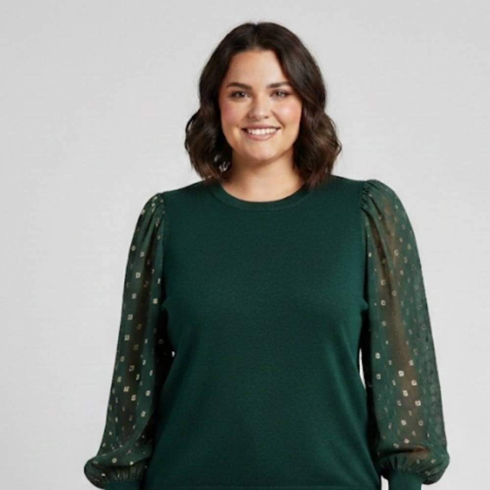 Indigo Rose 2X Emerald Green Sweater with Sheer Sleeves — Elegant
